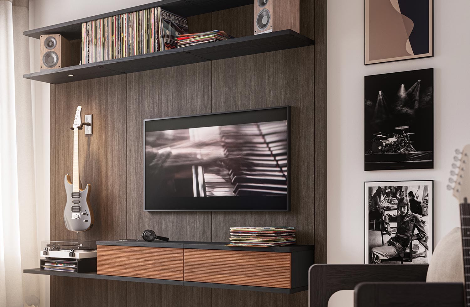 Custom LED lighting for entertainment media center with storage for more space for your home designed by California Closets