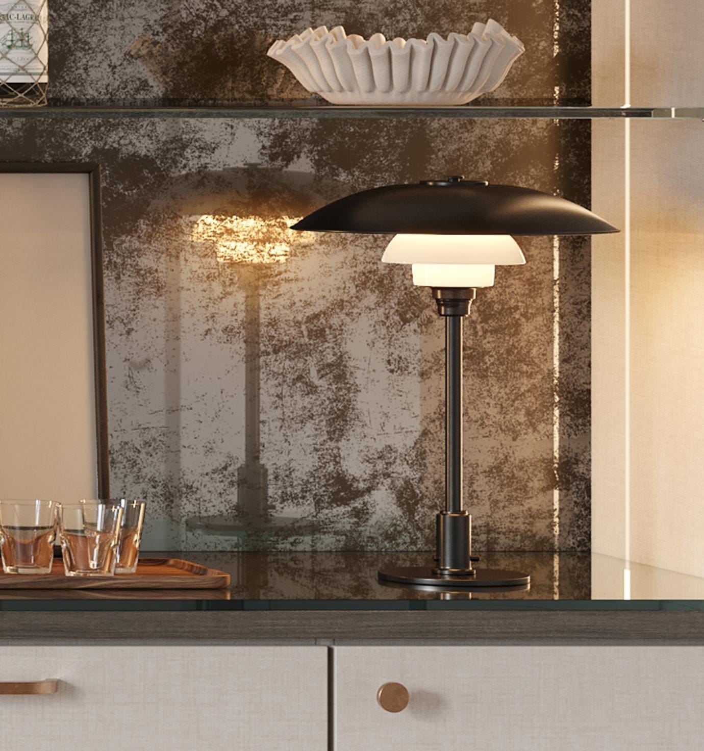 Home bar design for organization with decorative hardware by California Closets