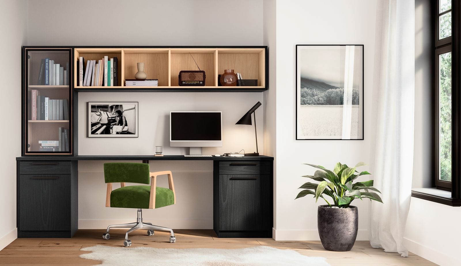 Custom built home workspace design installed with storage cabinets shelving and drawers by California Closets